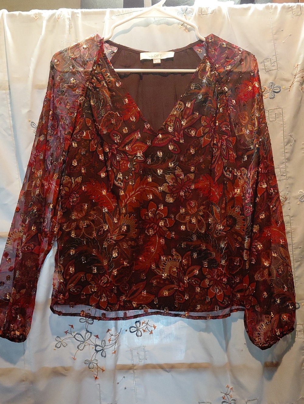 LOFT Burgundy Red Floral V-Neck Sheer Blouse